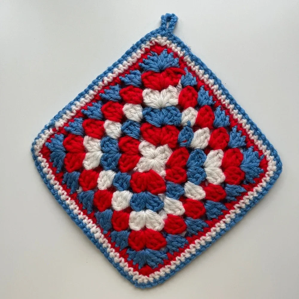 Handmade Crochet Potholder Red White Blue 8